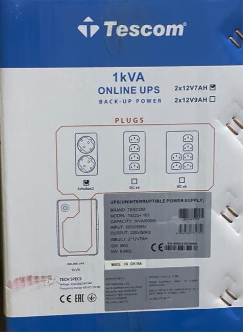 TESCOM TEOS+ 1KVA 2x12V/7AH Akülü 1F/1F ONLİNE LCD Ekranlı 4/8 DK UPS 900040339